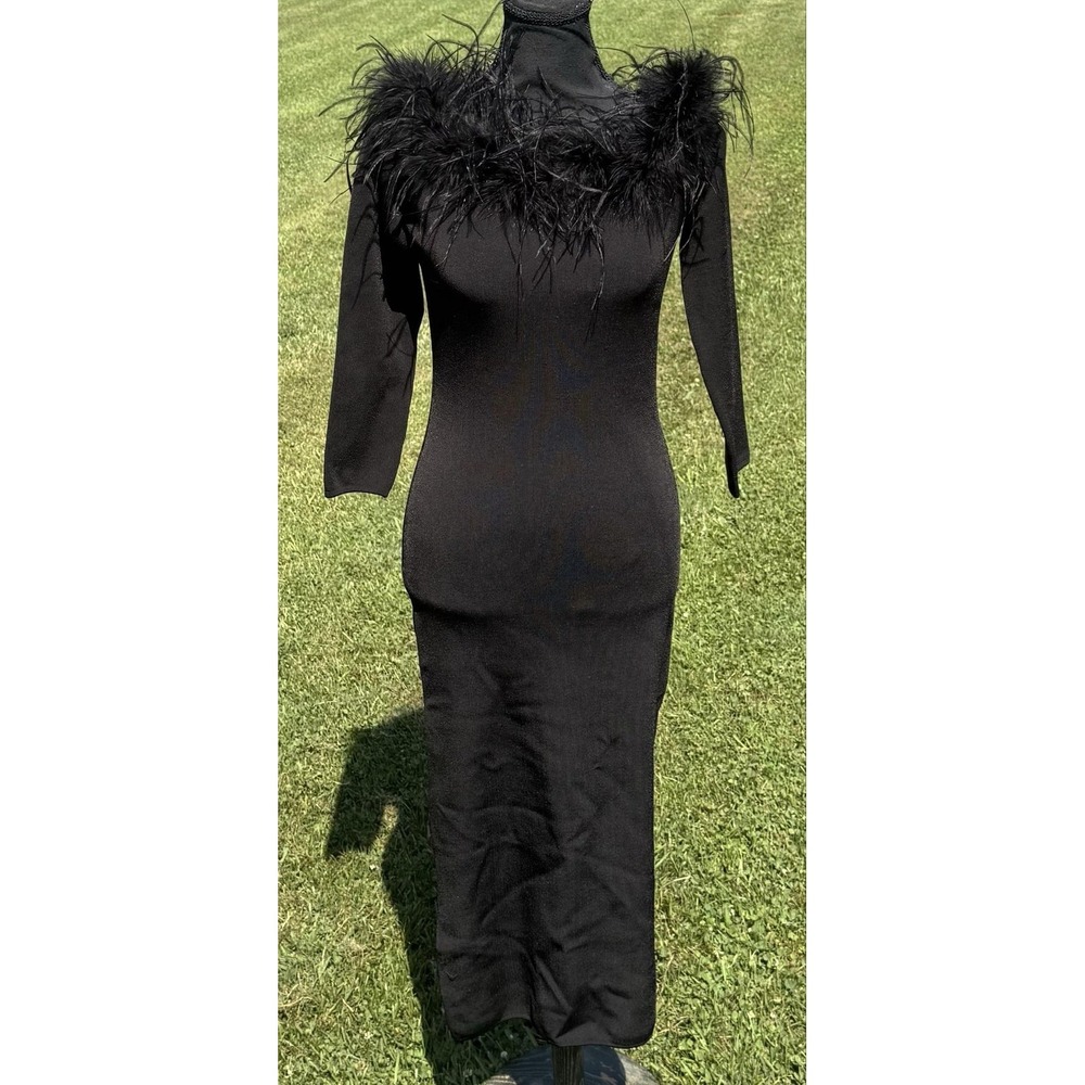 Antonio Melani Dress Womens Small Black Feather Trim Off Shoulder Bodycon Midi